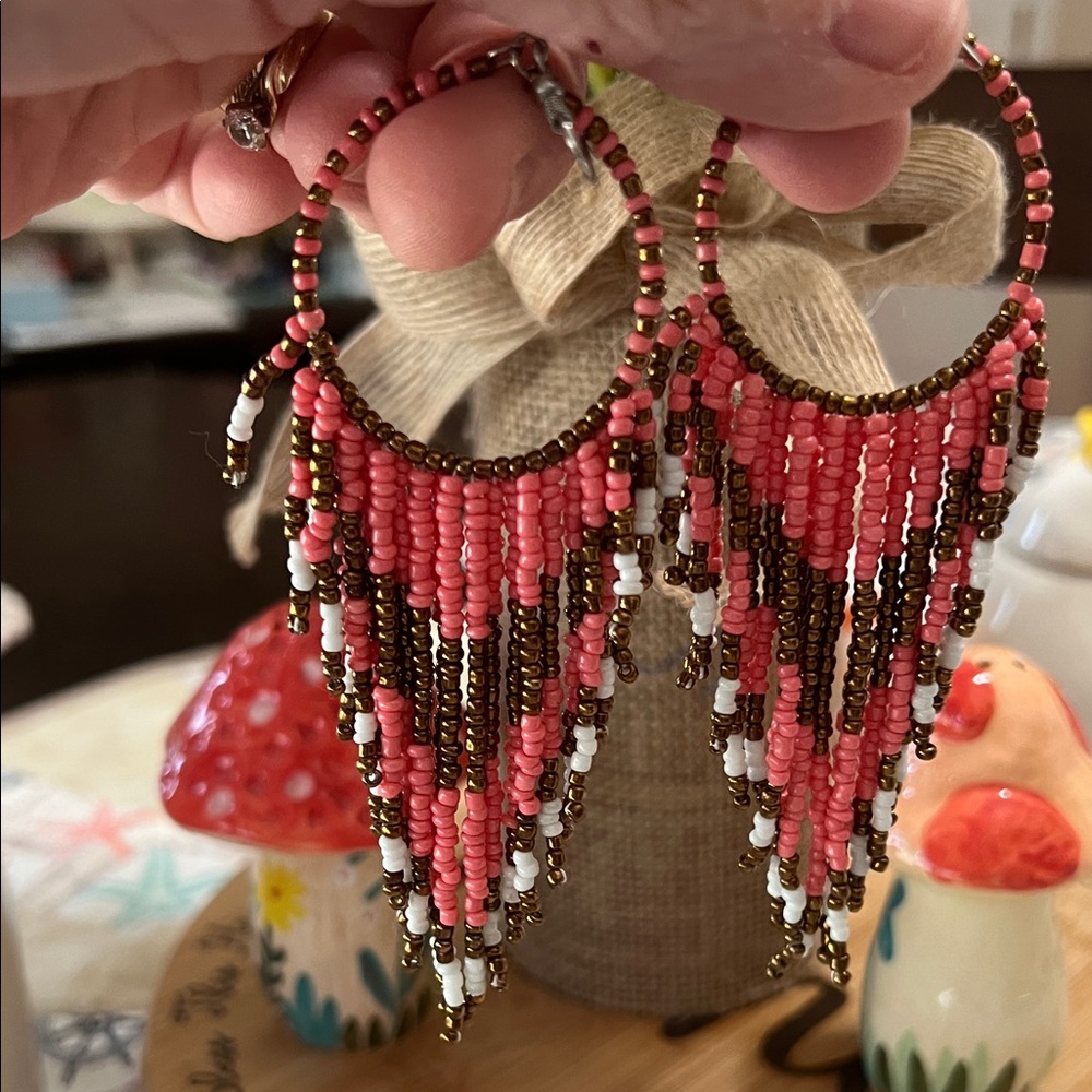 NEW Pink and Brown Handmade Beaded Hoop Earrings